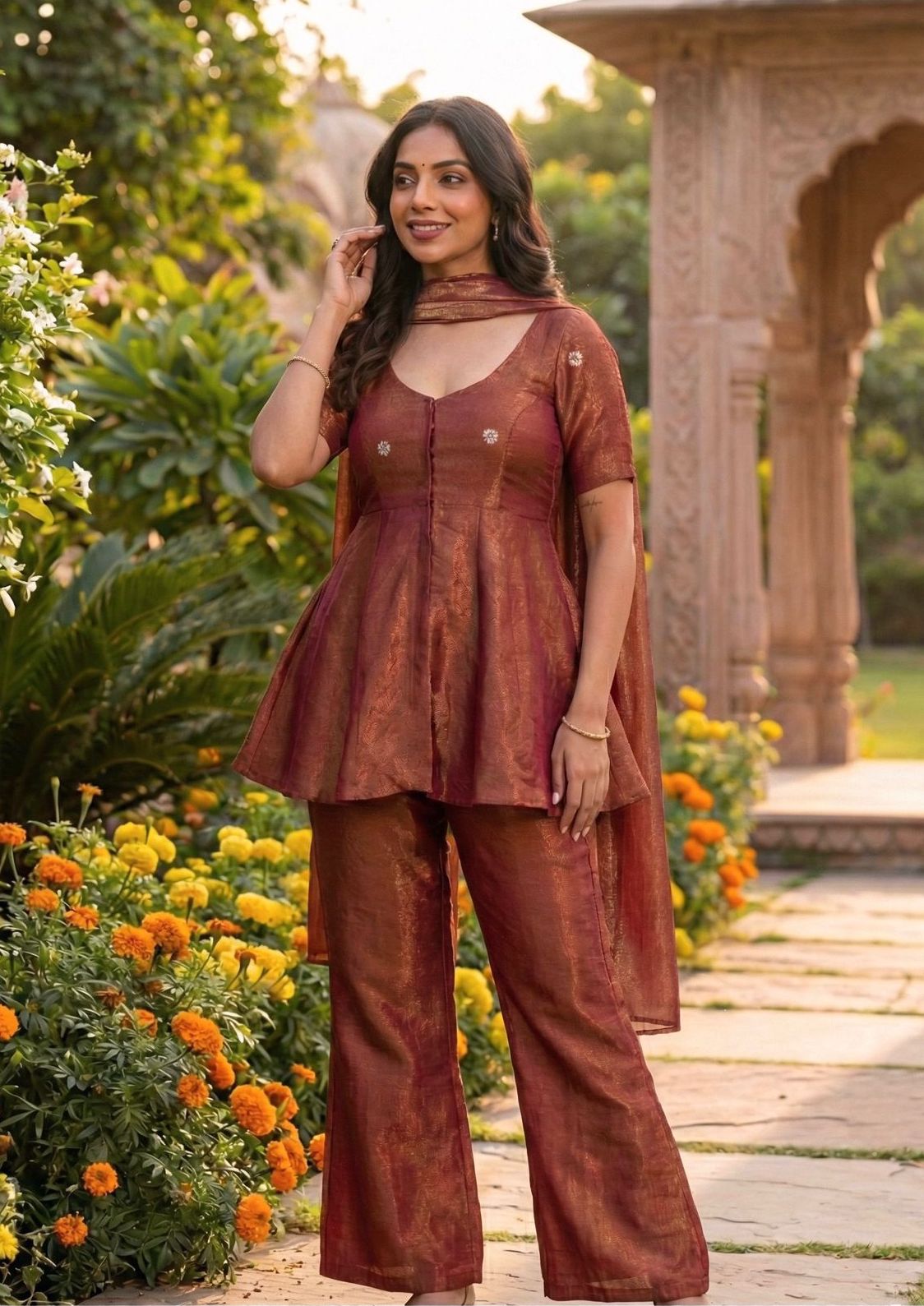 Antique Peplum Set - Maroon & Gold