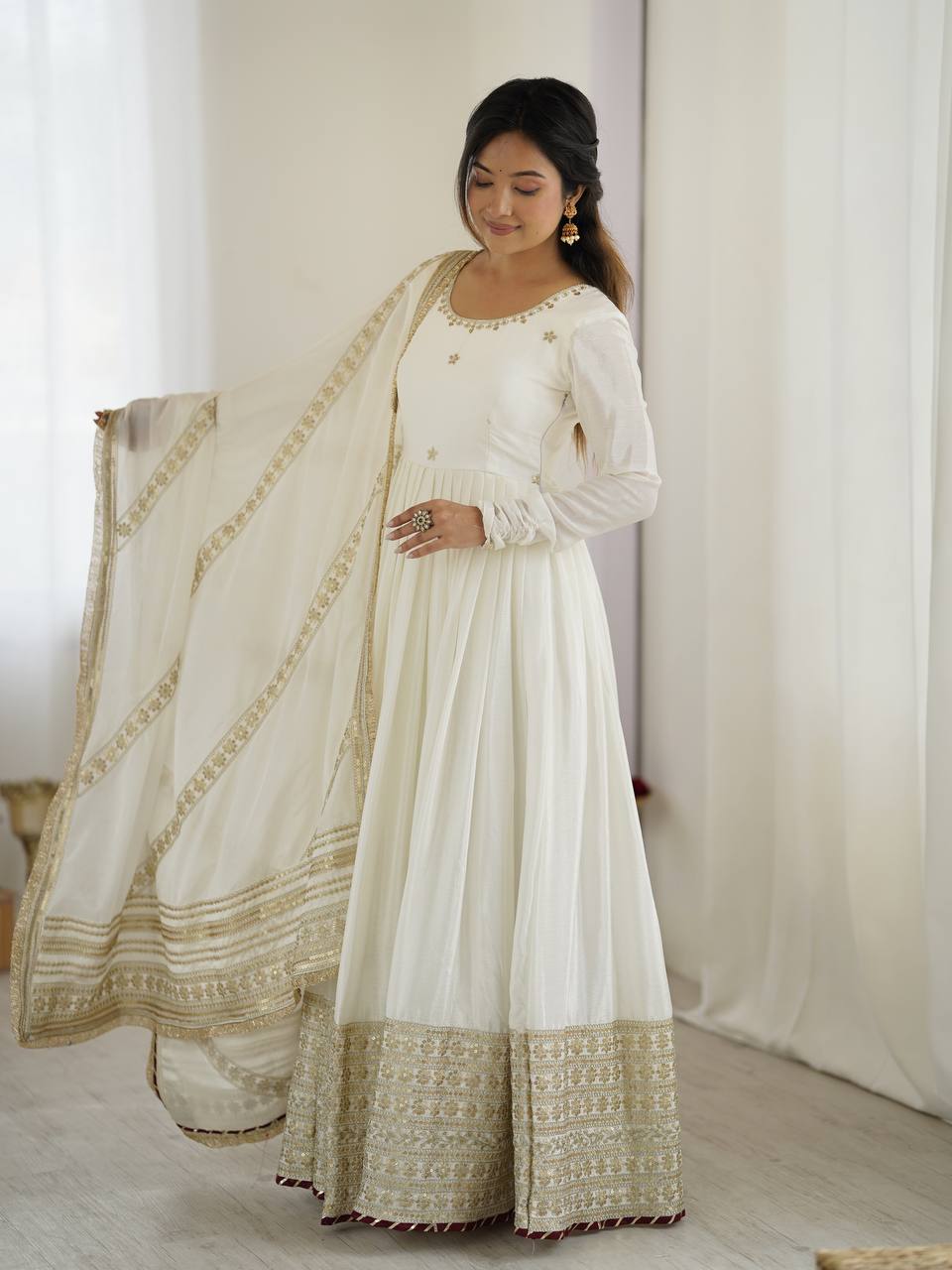 Chinon Silk White Anarkali