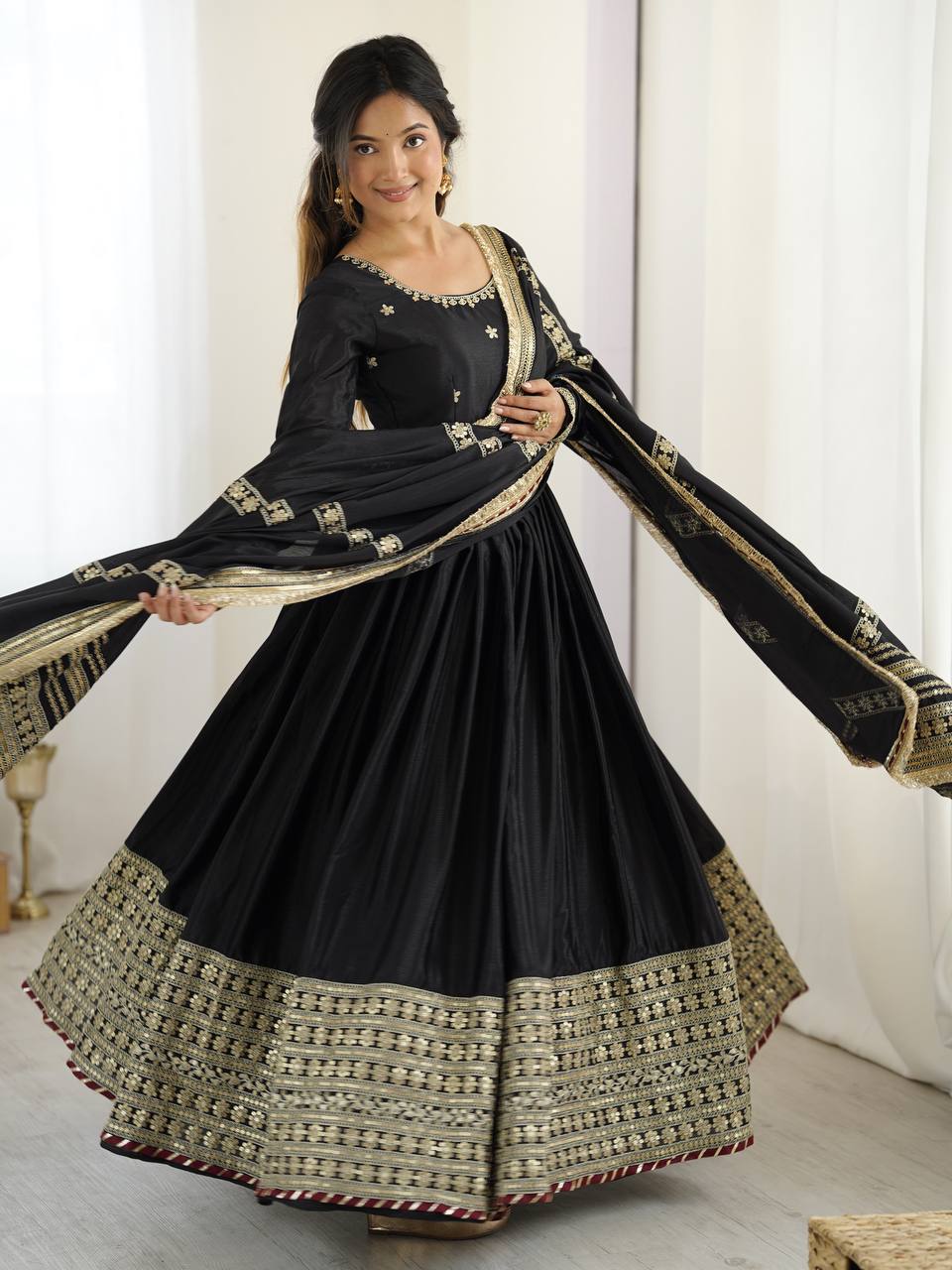 Chinon Silk Black Anarkali