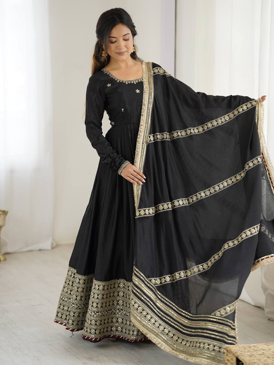 Chinon Silk Black Anarkali