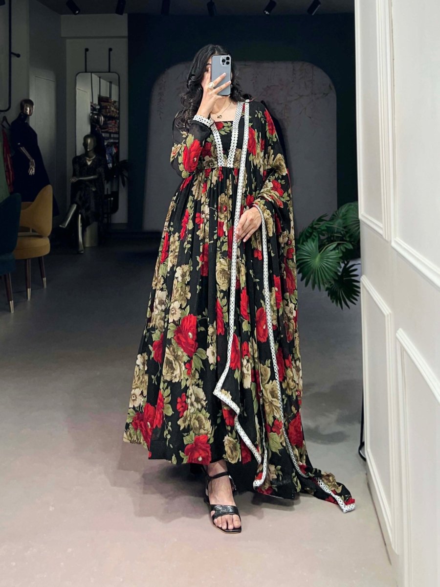 Floral Printed Gown with Mirror Work (4 colors)