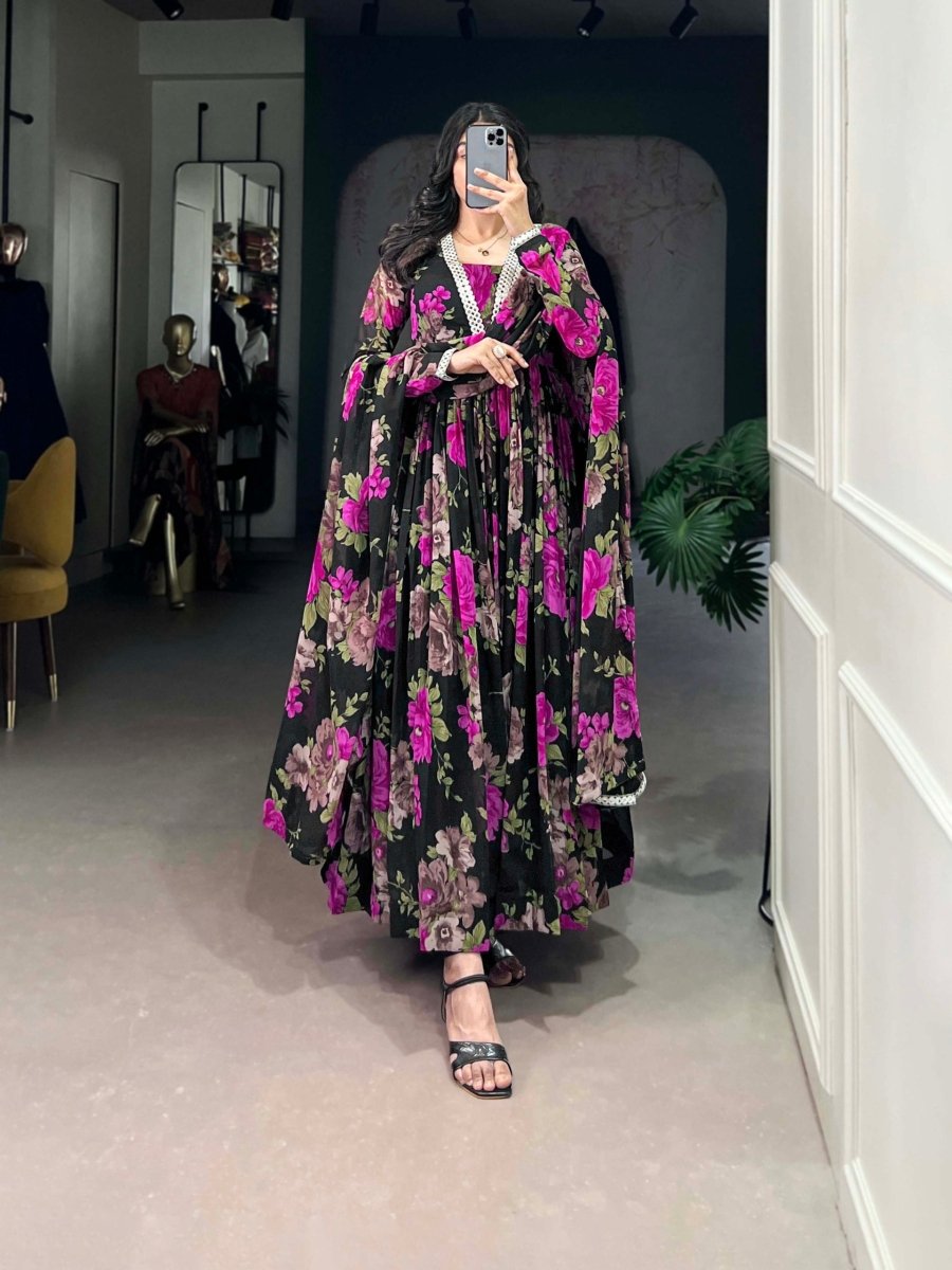 Floral Printed Gown with Mirror Work (4 colors)