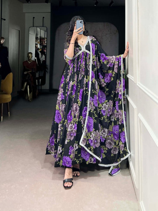 Floral Printed Gown with Mirror Work (4 colors)
