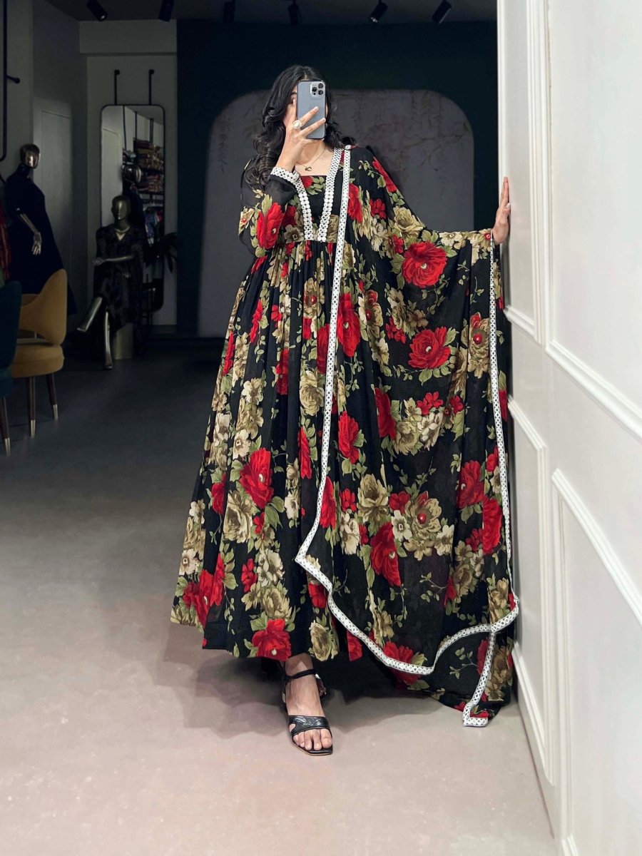 Floral Printed Gown with Mirror Work (4 colors)