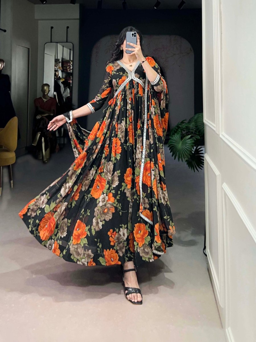 Floral Printed Gown with Mirror Work (4 colors)