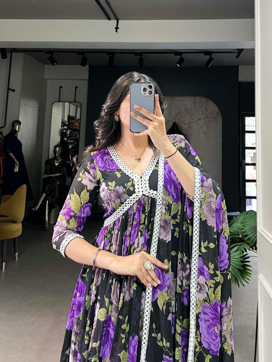 Floral Printed Gown with Mirror Work (4 colors)