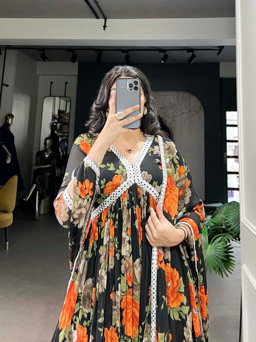 Floral Printed Gown with Mirror Work (4 colors)