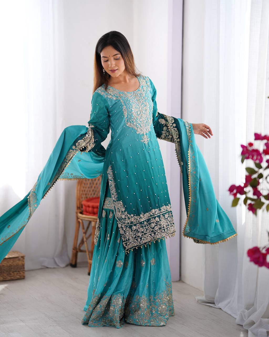 Teal Dual Shade Sharara Set