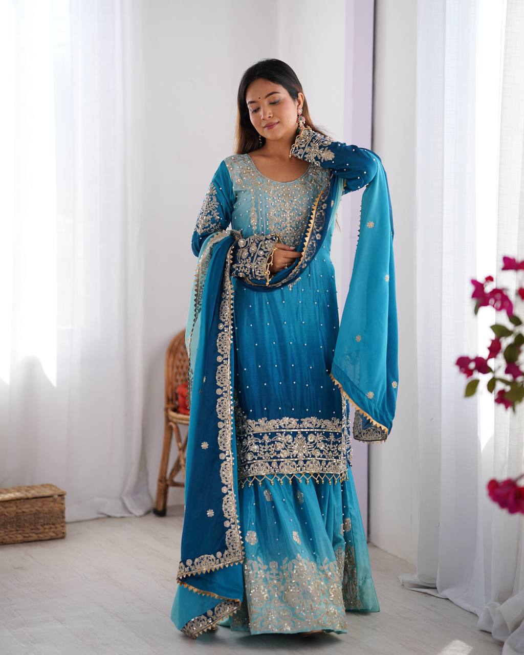 Blue Dual Shade Sharara Set