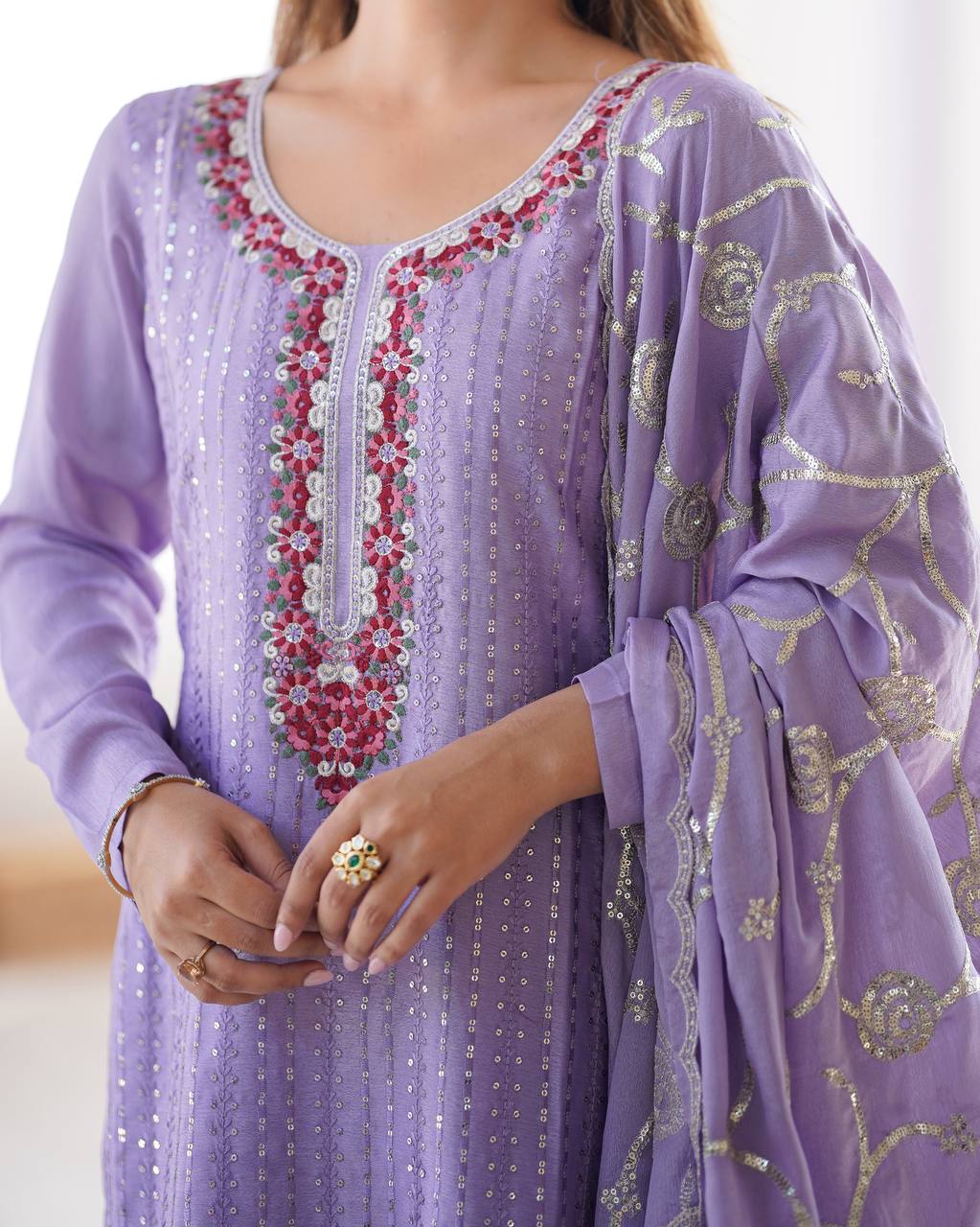 Thread Work Chinon Silk 3 Piece Kurti Set