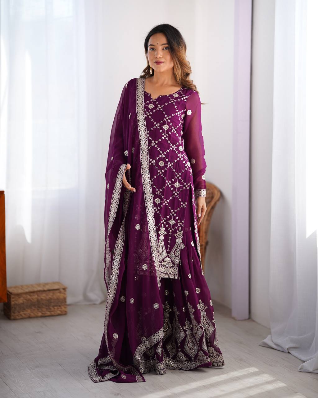 Wine Faux Georgette Sharara Set