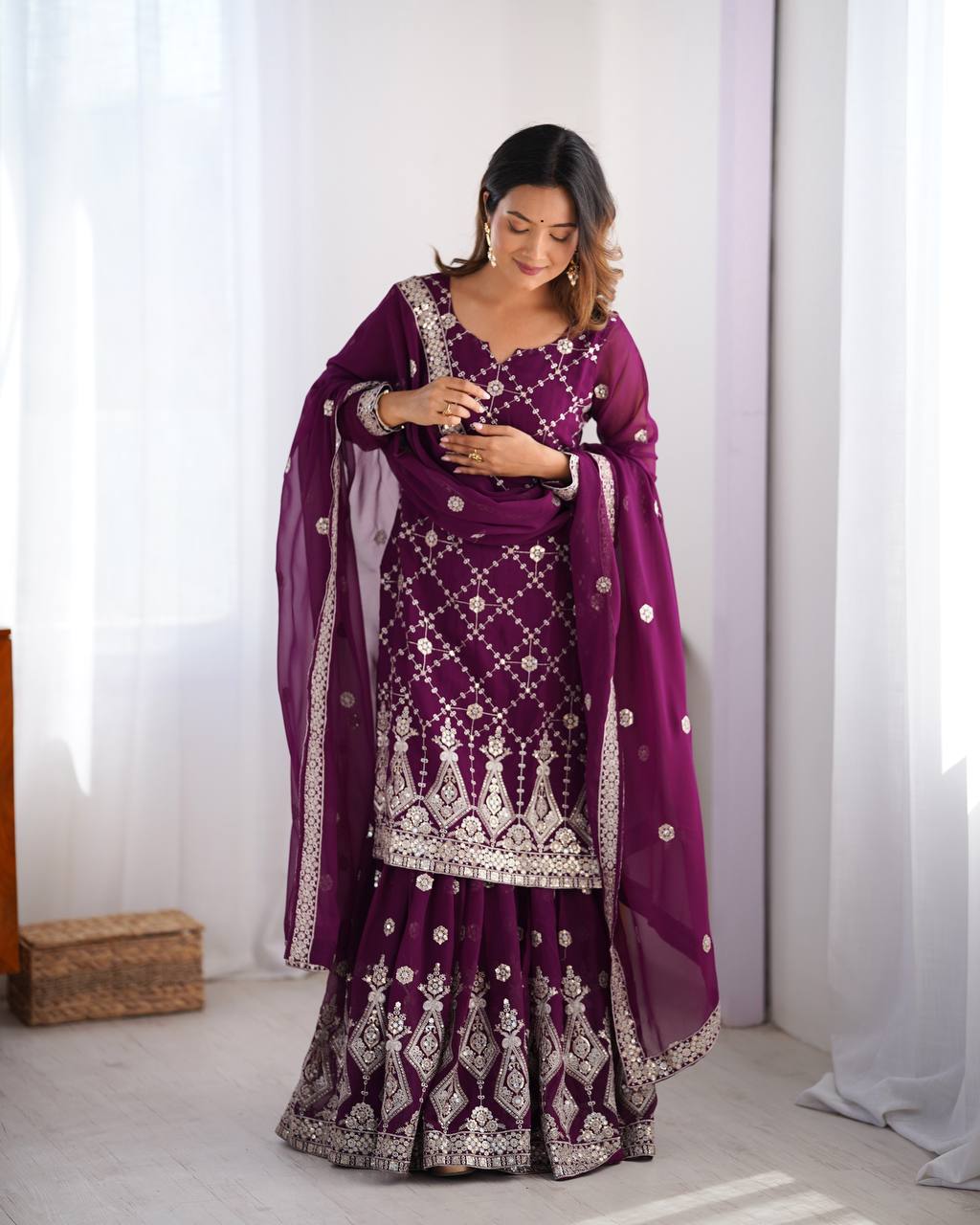 Wine Faux Georgette Sharara Set