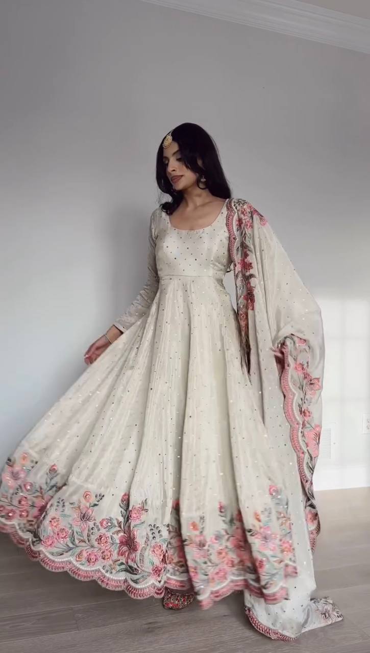 White Anarkali With Flower Embroidery