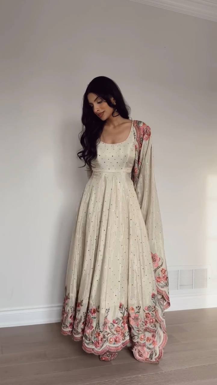 White Anarkali With Flower Embroidery