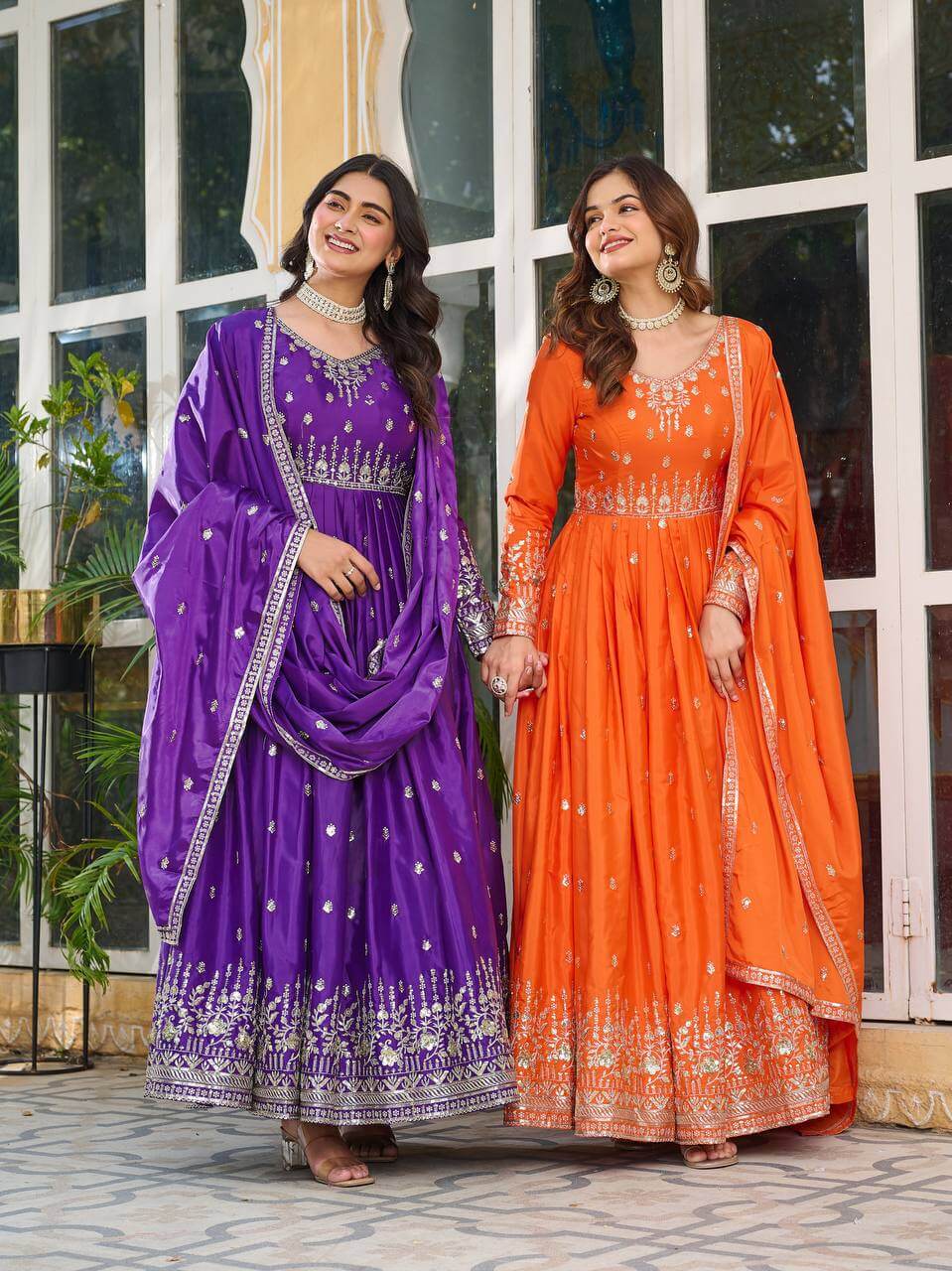 Thread work Purple American Silk Anarkali