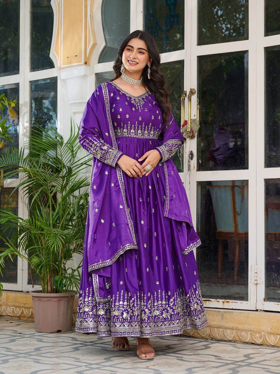 Thread work Purple American Silk Anarkali