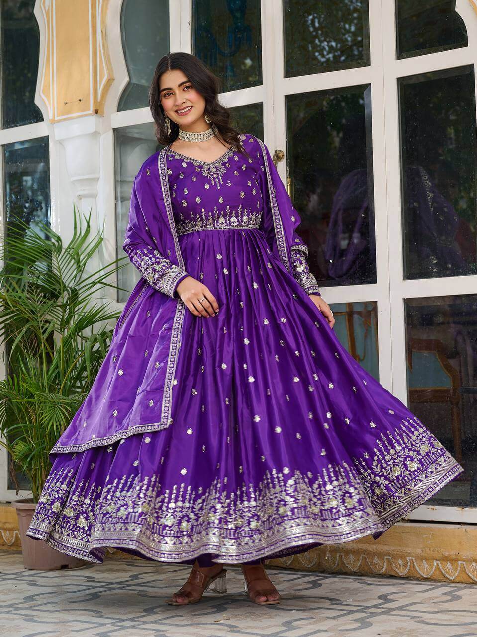 Thread work Purple American Silk Anarkali