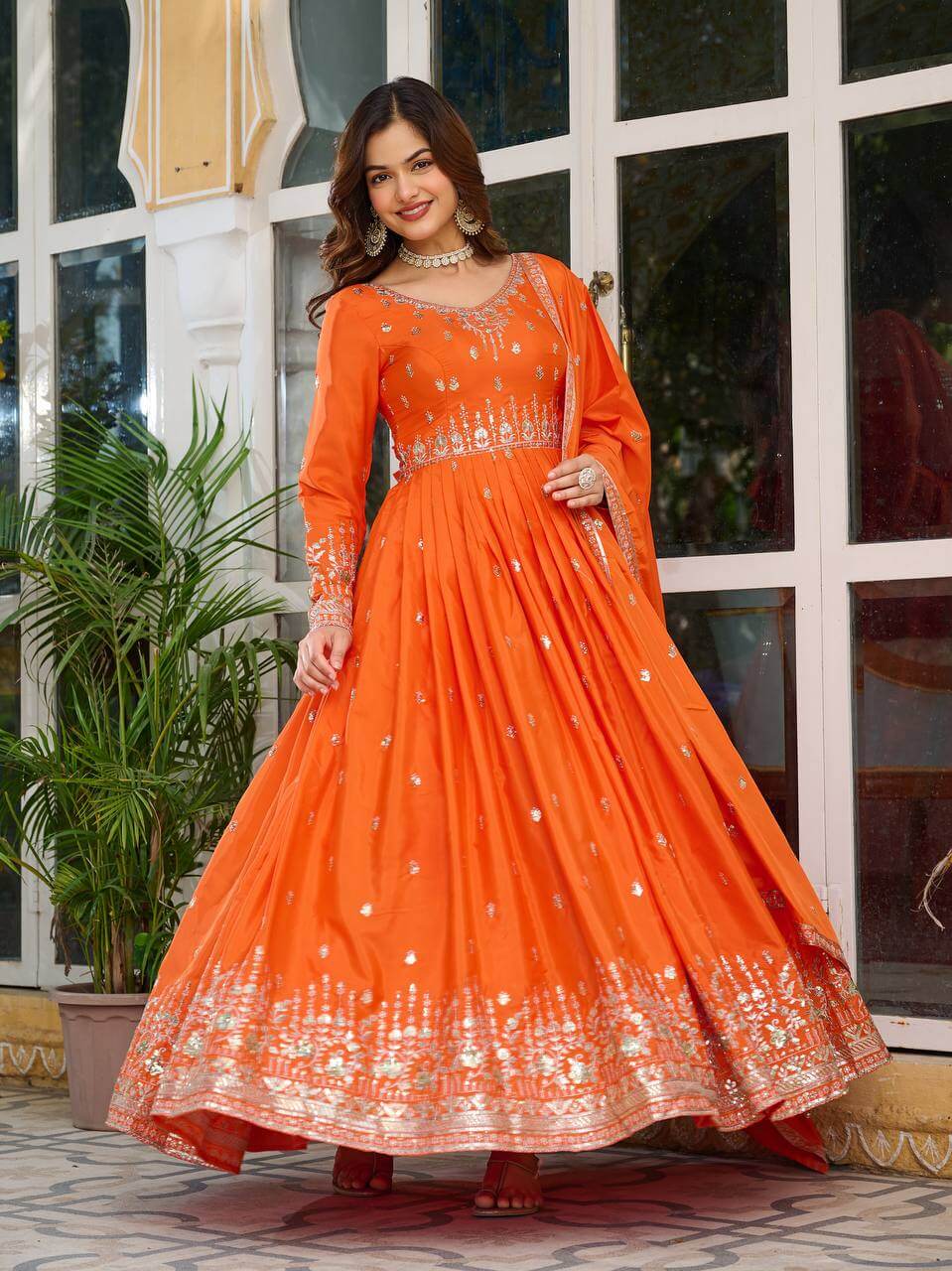 Thread work Orange American Silk Anarkali