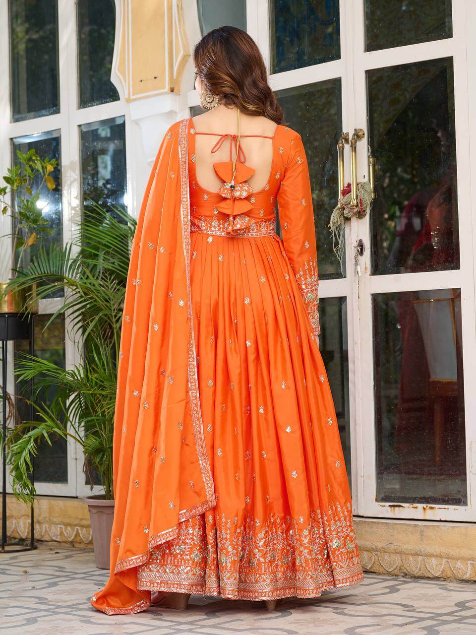 Thread work Orange American Silk Anarkali