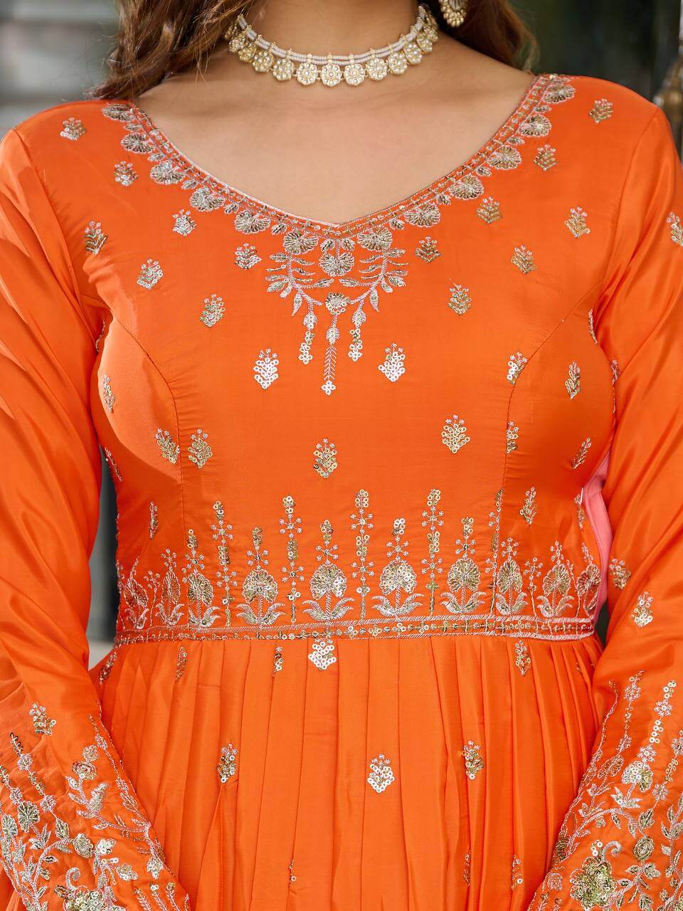 Thread work Orange American Silk Anarkali