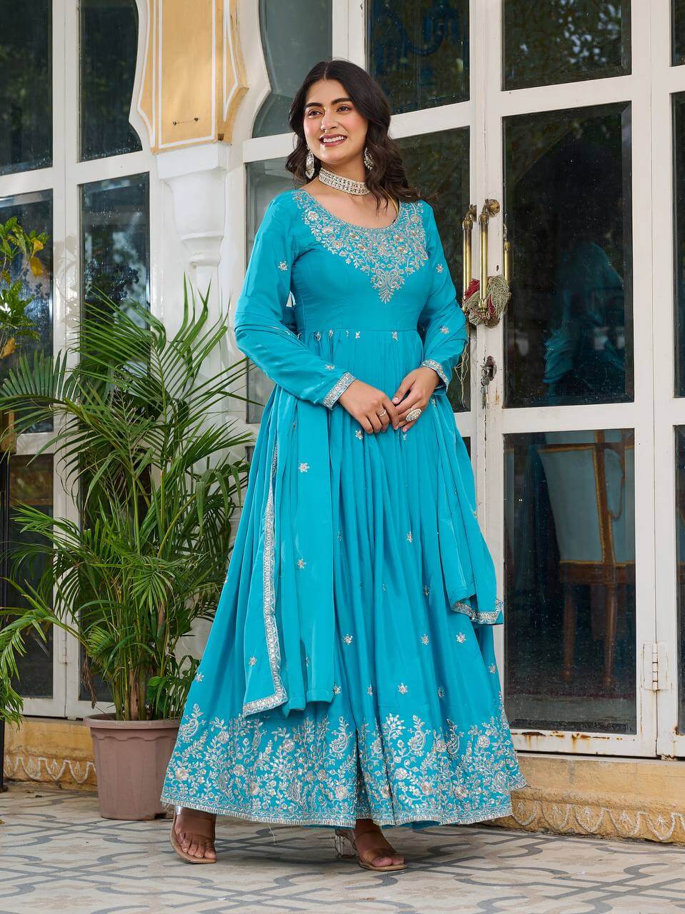 Thread work Sky Blue American Silk Anarkali