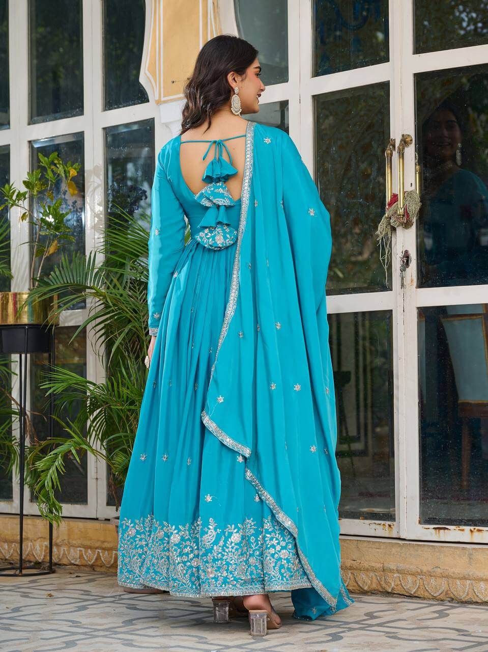 Thread work Sky Blue American Silk Anarkali