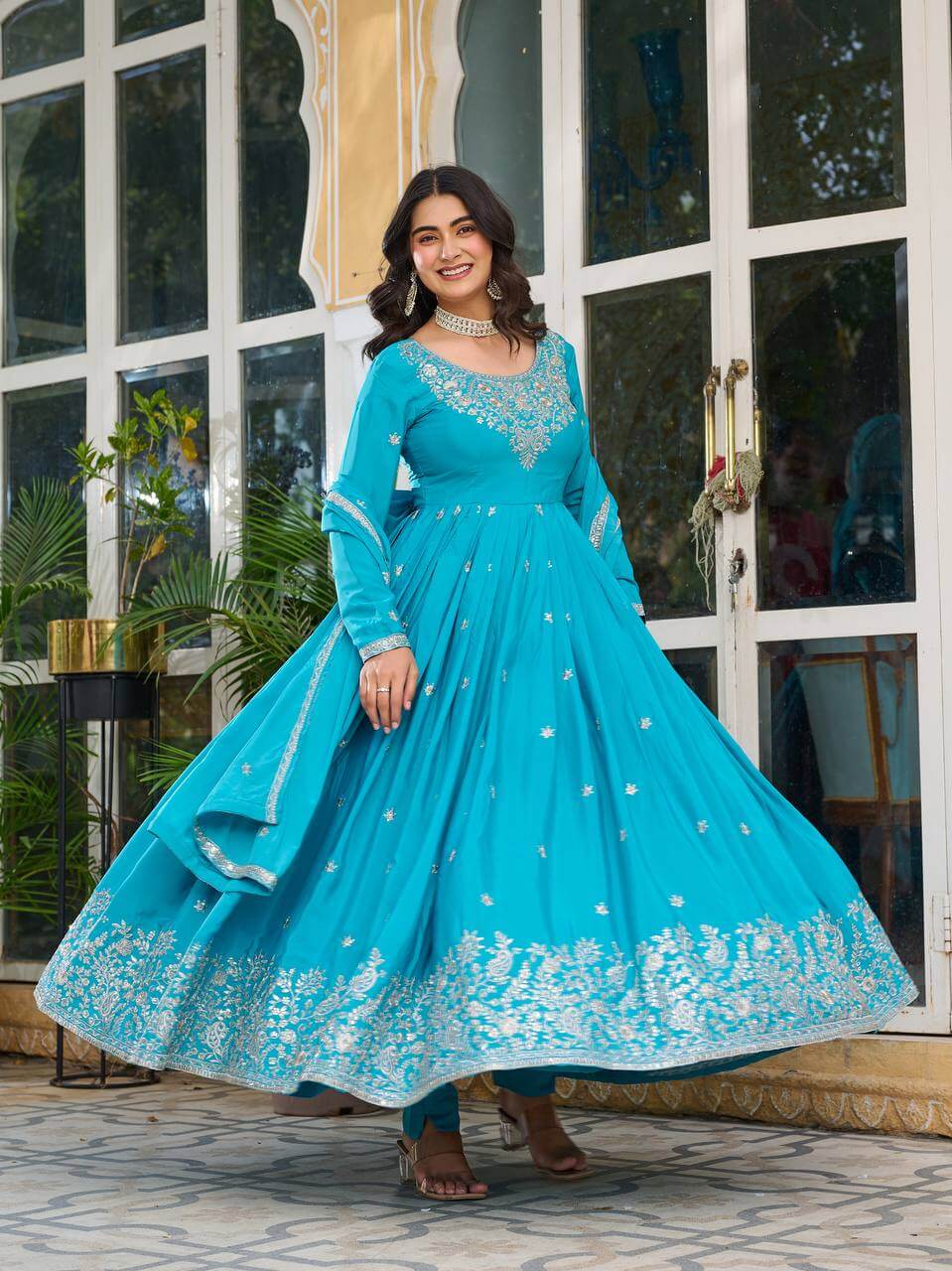 Thread work Sky Blue American Silk Anarkali