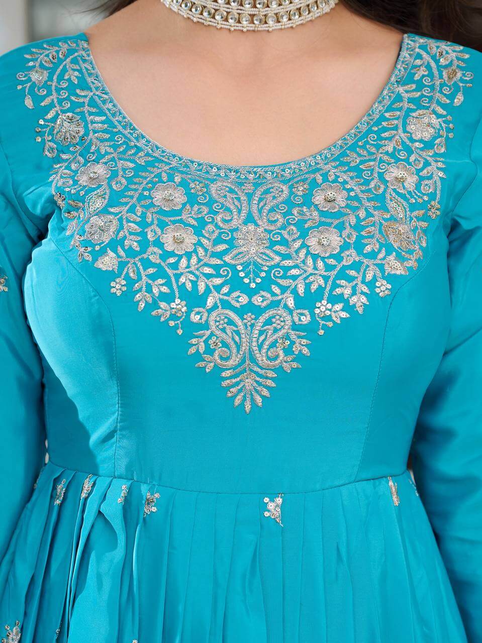Thread work Sky Blue American Silk Anarkali