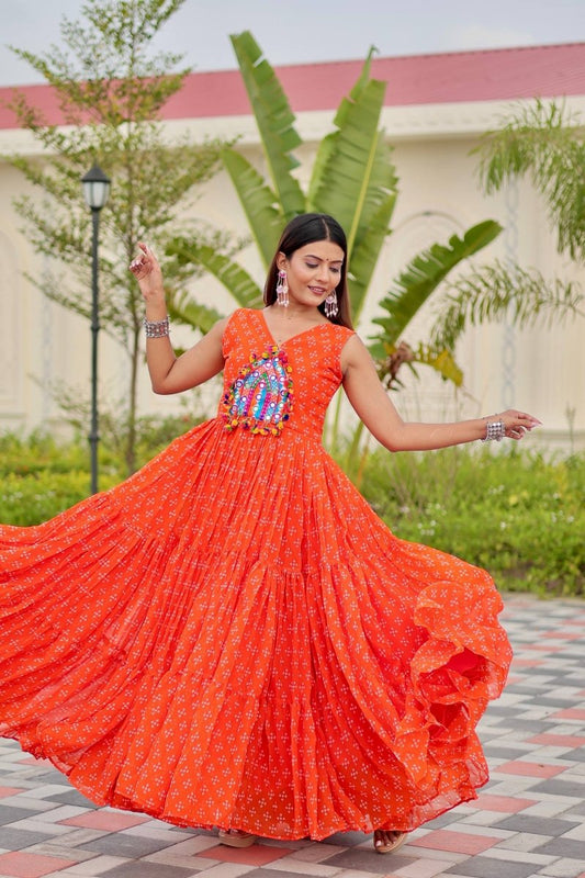 Orange Foux Georgette Embroidery Thread Work with real mirror & Readyment lece Gown