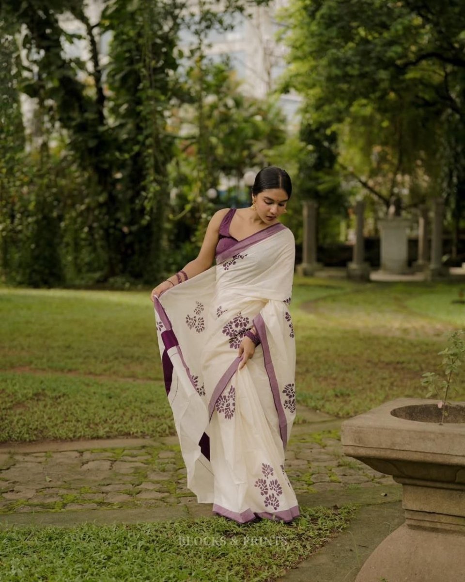 Purple saree with silver jari border
