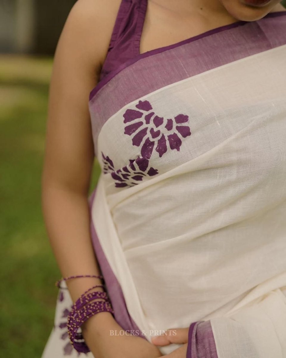 Purple saree with silver jari border