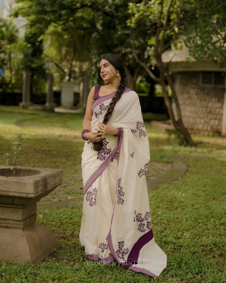 Purple saree with silver jari border