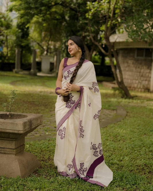 Purple saree with silver jari border