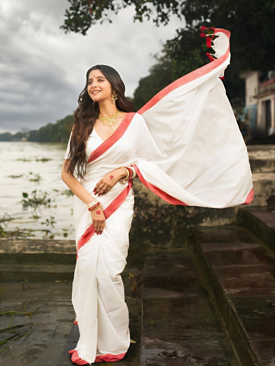 Red And white Durga pooja special saree