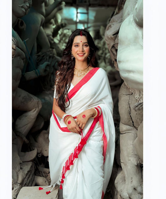Red And white Durga pooja special saree