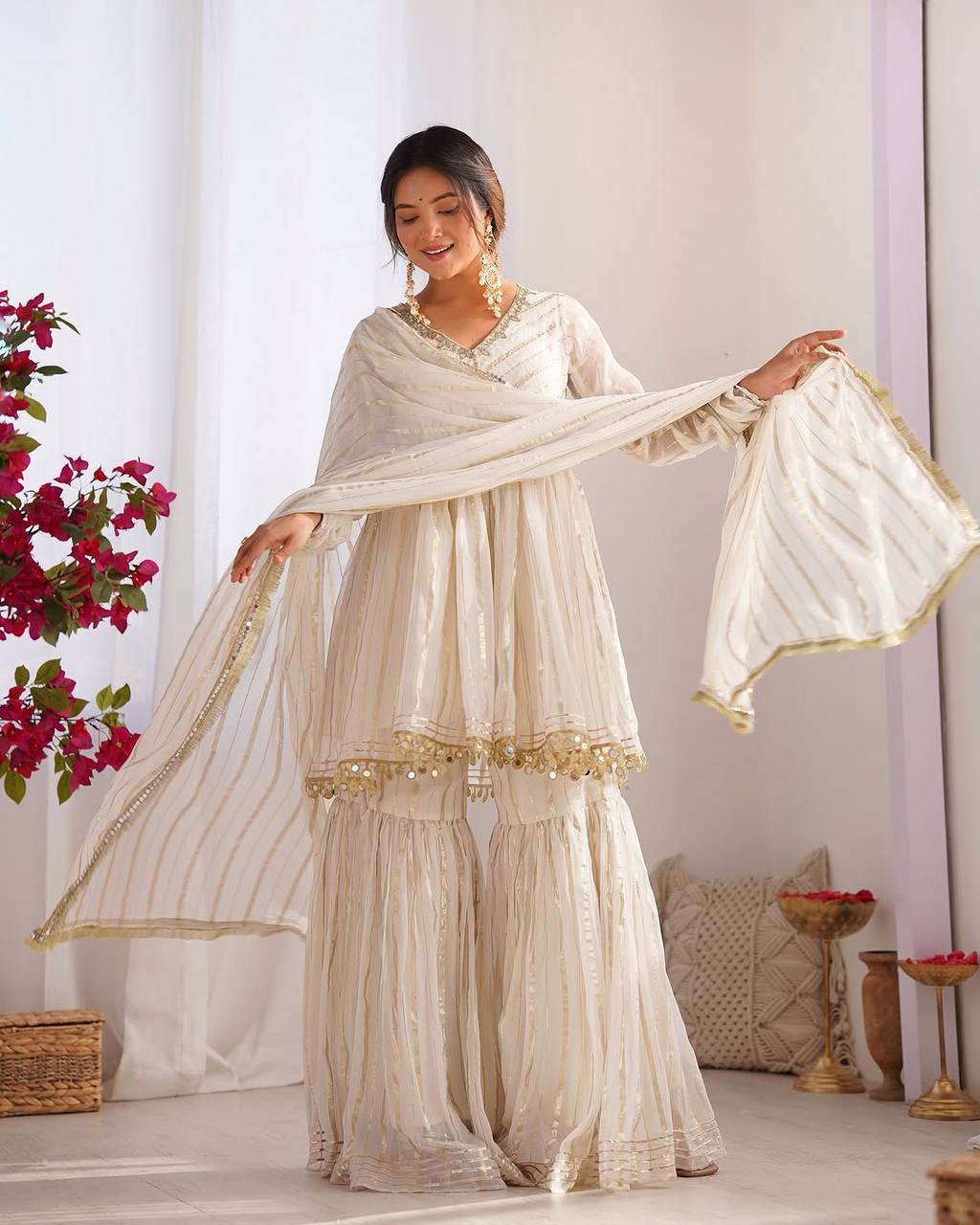 White Mal Chanderi Fabric Sharara