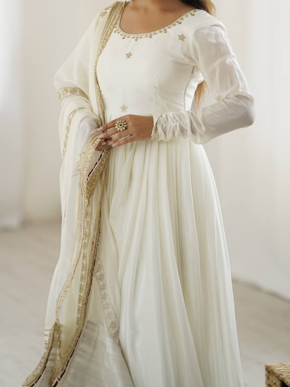 Chinon Silk White Anarkali