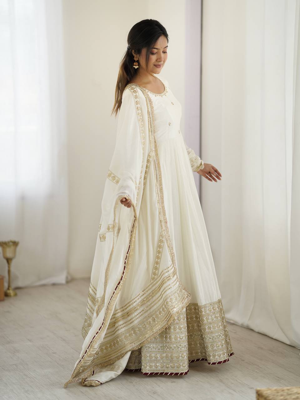 Chinon Silk White Anarkali