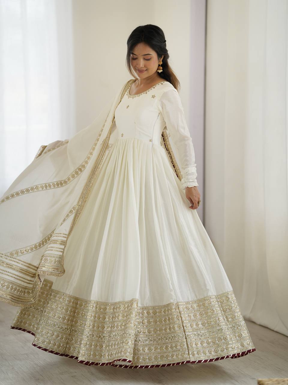 Chinon Silk White Anarkali